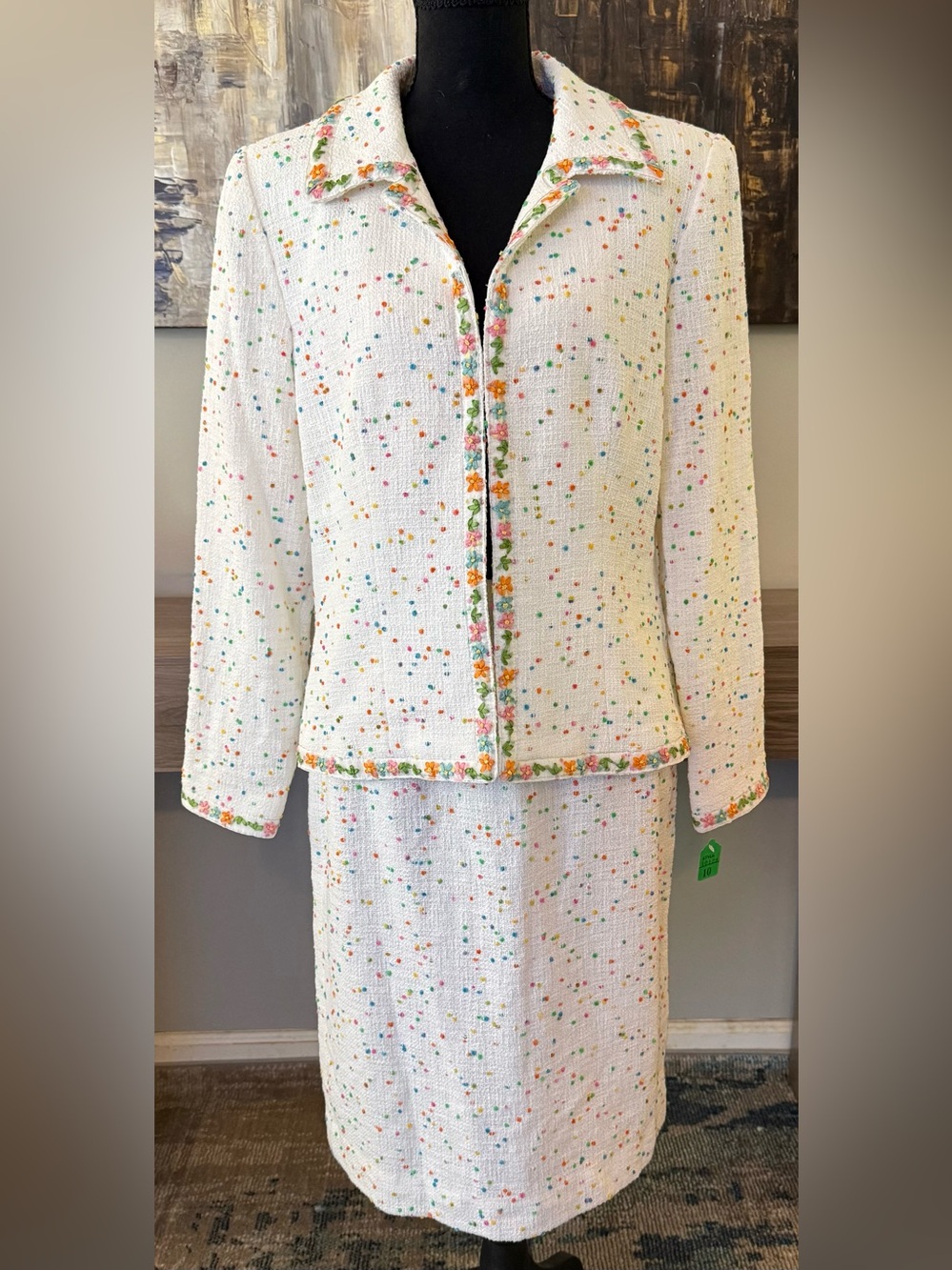Vintage Neiman Marcus Confetti Tweed Skirt Suit Set Embroidered Blazer Womens 10